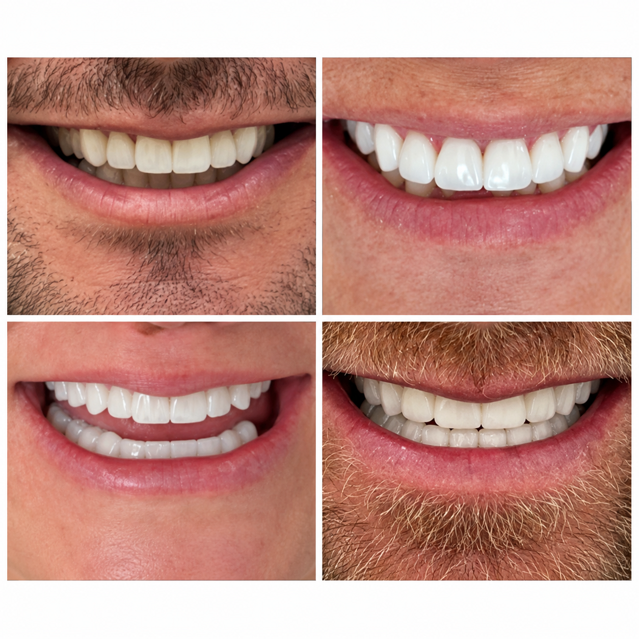 Smile makeover results showing four patient smiles after cosmetic dental treatment